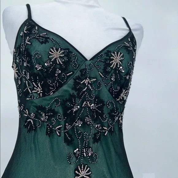 Adrianna Papell Dark Green Embellished Gown Silk Beaded Evening Gown Size 4 - Picture 7 of 16